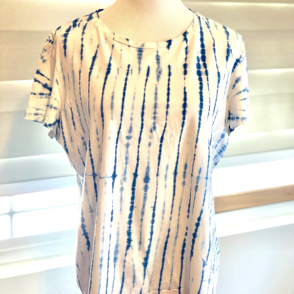 Lafayette 148 Shibori Indigo Blue Tie Dye Effect Top Cotton T-Shirt Short Sleeve